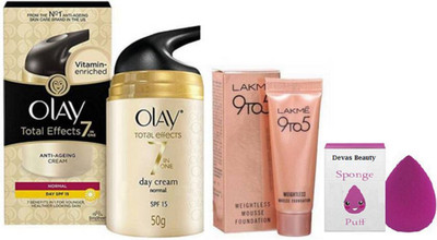 

divas beauty Sponge Puff With 9to5 Mousse Foundation 6 g. & Olay Total Effect 7in one Anti- Angeing Cream 50 gm(Set of 3)