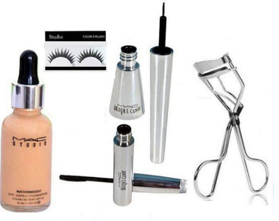 

Studio Eyelashes With Mac Brooke Candy Eyeliner With Mascara With Eyelashes Curler, Waterweight Foundation(Set of 5)