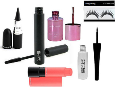 

Longlasting Eyelashes, Liquid Eyeliner, Zoom Less Mascara, Stick Kajal, Lipstick, Mirror Nail Polish(Set of 6)
