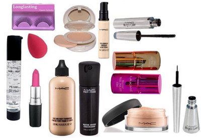 

Longlasting eyelashes & mac face and body foundation, mac concealer, prep+prime moisture serum, Loose Powder, lightfull compact , mac lipstick, brooke candy eyeliner and mascara Pearl Gel Primer, Sponge Puff, Mirror Nail polish set of 2(Set of 13)