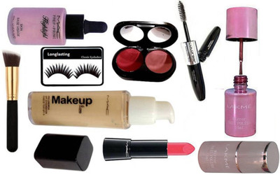 

Longlasting Eyelashes, Brush, Prep+prime Highlighter, Spf 10 Foundation, 2 Shade Blusher, Retro Matte lipstick, Colorbar Waterproof Mascara, mirror Nail polish (Set of 2)(Set of 9)