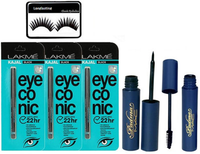 

Longlasting Eyelashes, Mac Padma Eyeliner & Mascara, Eyeconic Kajal Pack of 3(Set of 6)