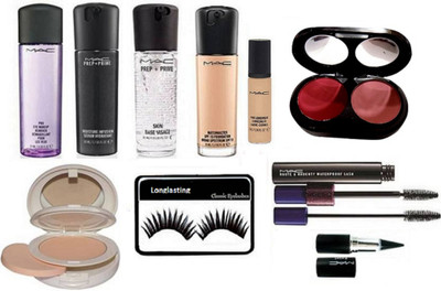 

Longlasting Eyelashes, Mac Eye Makeup Remover With PRep+Prime SKin base Visage Primer & Moisture Infusion Face Serum With Matchmaster SPF 15 Foundation, Pro longwear Concealer, 2 shade Blusher, Lightful two side comlpact, Houte and Naughty Double Effect M