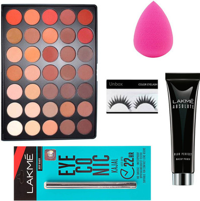 

Unbox Imported Combo of morphe eyeshadow, Lakme Kajal, Lakme Primer, Sponge Puff & Eyelashes (Set of 5)(Set of 5)