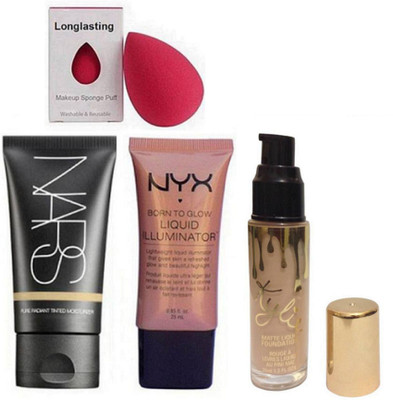 

Longlasting Sponge Puff, Nars Pure Radiant Tinted moisturizer Foundation, Illuminator, Kylie Matte Liquid Foundation(Set of 4)