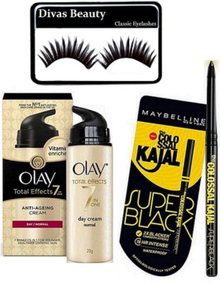 

divas beauty Eyelashes, Olay 7 In One Anti-ageing Cream Day Spf 15 & Super black kajal(Set of 3)