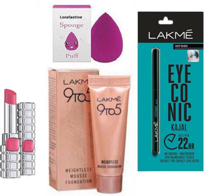 

Longlasting Sponge Puff With Lakme Eyeconic Kajal With mousse Foundation & loreal matte finish lipstick(Set of 4)