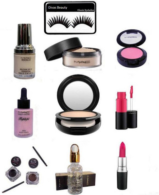 

divas beauty Eyelashes, Mac Mineralize SPF 15 Foundation, face Loose Powder, One Shade Blusher Compact, Studio Fix Compact, Skin Highlighter, Pink Lipgloss & Lipstick, Radiance Face Primer, Hello Kitty Eyeliner(Set of 11)