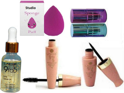 

Studio sponge puff, 9to5 gold radiance youth infinity skin face serum, liquid eyeliner & mascara, with Mirror Nail Polish(Set of 6)