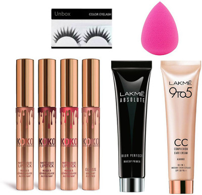 

Unbox Imported Combo of Kylie Set of 4, Lakme Primer, Lakme SPF 30 Foundation, Sponge Puff & Eyelashes (Set of 5)(Set of 5)