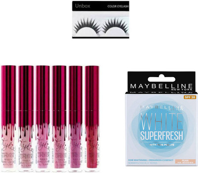 

Unbox Combo set of Kylie jenner Valentine Collection lipsticks, Maybelline White Super Fresh Compact (Pearl), & Eyelashes (Set of 3)(Set of 3)
