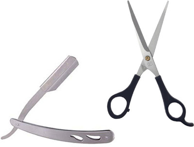 

JAMPAK Stainless Steel Straight Edge Barber Blade Shaving Razor For Men / Premium Hair Cutting Barber Scissor(Set of 2)