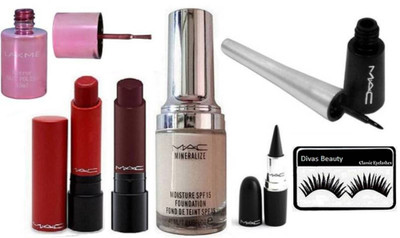 

divas beauty eyelashes & liptencity matte finnish lipstick (set of 2) & mineralize foundation & lakme nail polish & liquid last eyeliner & mac stick kajal.(Set of 7)