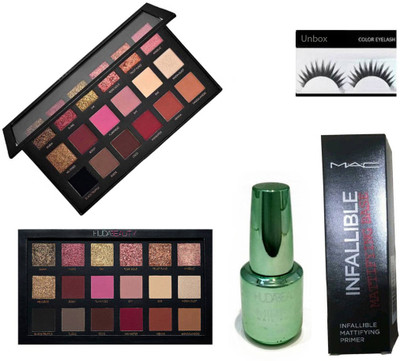 

unbox Combo set of Huda rose gold edition set 2, Huda beauty nailpaint, MAC Infallible Mattifying Face Gel Primer 35ml, Eyelashes (Set of 5)(Set of 5)