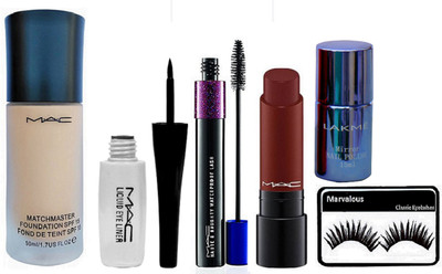 

Marvalous eyelashes , mac match master foundation , liquid eye liner , double effect lash mascara , liptensity brown shade lipstick with mirror nail polish(Set of 6)