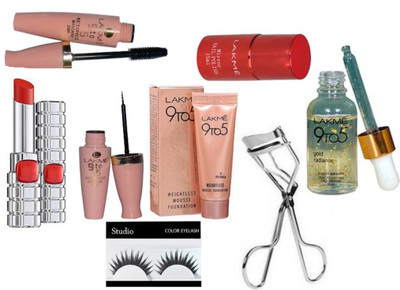 

studio Eyelashes & Lakme 9to5 Liquid Eyeliner With Mascara & Gold Radiance Face serum,Mousse Foundation,Matte Finish Long Lasting Lipstick, Red nail Polish,Eyelashes Curler(Set of 8)