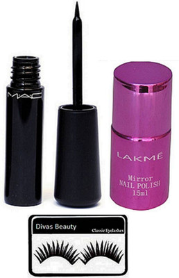 

divas beauty eyelashes & mac liquid last eyeliner & nail polish(Set of 3)