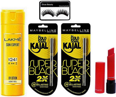 

divas beauty Eyelashes, Sun Expert UV + Lotion, Superblack Kajal Set Of 2, Lipstick(Set of 5)