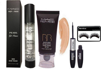 

Marvalous eyelashes, mac prep+prime BB beauty balm creme teintee foundation with pearl radiance gel primer with color bar 2 in 1 eyeliner with mascara(Set of 4)