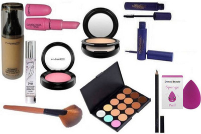 

divas beauty Sponge Puff, 20 Shade Concealer Palette (L20), Padhma Eyeliner & Mascara, Maybelline Folly Red Shade Lipgloss, Studio Fix Face Powder Compact, One Shade Blusher Compact, Hyper Real SPF 15 Foundation, Folly Red Lipstick Of MaEyelashes, Mac Mat