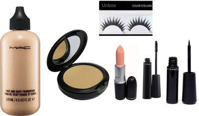 

Unbox Imported combo of Mac Compact,Mac foundation, Mac liner, mascara, Mac Lipstick & Eyelashes (Set of 6)(Set of 6)