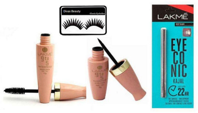 

divas beauty Eyelashes&9 To 5 Waterproof Mascara, Liquid Eyeliner ,Eyeconic Kajal(Set of 4)