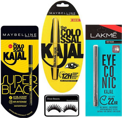 

divas beauty Eyelashes, New York Super Black & Colossal, Eyeconic Kajal Black(Set of 4)