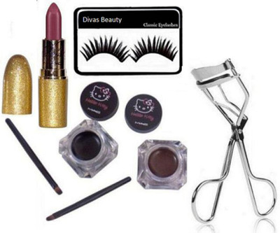

divas beauty Eyelashes With Hello Kitty Gel Eyeliner,Mariah Carey Lipstck,Eyelashes Curler(Set of 4)