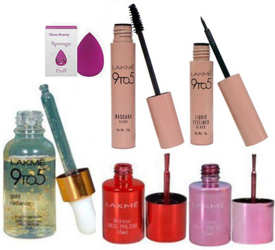 

divas beauty Sponge Puff & 9 to 5 Gold Radiance Youth Infinity Skin Face Serum & 9 to 5 Liquid Eyeliner & Mascara, With Mirror Nail Polish (Pack of 2)(Set of 6)