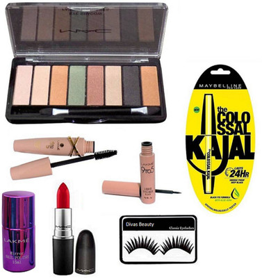 

divas beauty Eyelashes& eyeshadow palette Fard A Paupieres (01) in 8 shades,Matte Finish Lipstick and kajal , eyeliner and mascara ,Mirror Nail Polish(Set of 7)