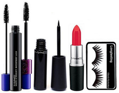 

Longlasting Eyelashes, Mac Haute and Naughty Double Effect Mascara, Waterproof Eyeliner, Lustre Lipstick(Set of 4)