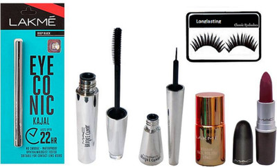 

Longlasting Eyelashes, Mac Brook candy Eyeliner, Mascara, Lipstick, Eyeconic kajal, Mirror Nail polish(Set of 6)