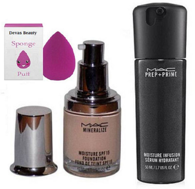 

divas beauty Puff With Mac Prem+prime face serum And mineralize moisture Liquid Foundation(Set of 3)