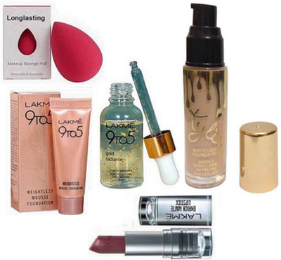 

Longlasting Sponge puff, 9to5 Gold Radiance Face Serum, Weightless Mousse Foundation, Enrich lipstick, Kylie Matte Liquid Foundation(Set of 5)