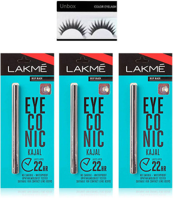 Unbox Imported Combo Kit Lakeme Kajal set 3 & Eyelashes (Set of 4)(Set of 4)