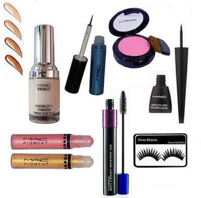 

divas beauty eyelashes , Mineralize moisture foundation ,Mac Pigment Pack of 2 Eyeshadow Eyes , 2 in 1 Haute & Naughty Lash mascara , liquid eyeliner with liquidlast Blue sparkle Eyeliner & Pink Shade Blusher(Set of 8)