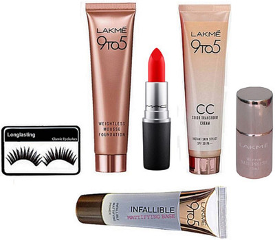 

Longlasting Eyelashes, Lakme 9 To 5 Infallible Primer, Mousse Foundation & C C Cream, Matte Finish Lipstick Red, Mirror Nail Paint(Set of 6)