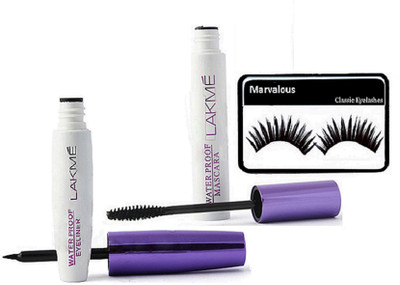 

Marvalous eyelashes , lakme waterproof eyeliner with mascara(Set of 3)