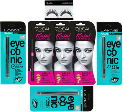 

studio Eyelashes & L'oreal Paris Magique Kajal (set of 3) & Eyeconic Deep Black Kajal (set of 3)(Set of 7)