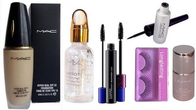 

Longlasting Eyelashes & Mac Hyper Real Foundation, Smoothing Perfecting Silver Radiance Primer, Houte and Naughty Double Effect Mascara, Liquid Eyeliner, Mirror Nail Paint(Set of 6)