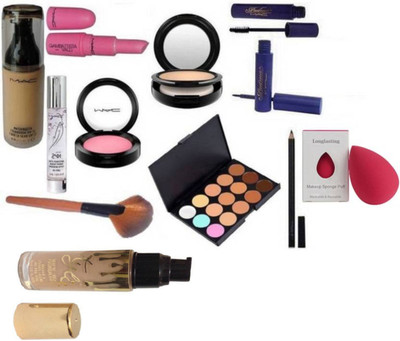 

Longlasting Sponge Puff, Makeup Brush, 15 Shade Concealer Palette, Mac Padma Liquid Eyeliner & Mascara, Studio Fix Cpmpact, Pencil Kajal, Perfecting Makeup 24hr Primer, Giambattista Pink Shade Lipstick, Blusher, Matchmaster SPF 15 Foundation , Kylie Matte