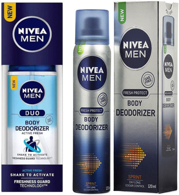 

Nivea MEN DUO ACTIVE FRESH BODY DEODORIZER 100 ML+MEN SPRINT BODY DEODORIZER 120 ML Deodorant Spray - For Men & Women(100 ml, Pack of 2)