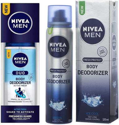 

Nivea MEN DUO ACTIVE FRESH BODY DEODORIZER 100 ML+MEN ICE COOL BODY DEODORIZER 120 ML Deodorant Spray - For Men & Women(100 ml, Pack of 2)