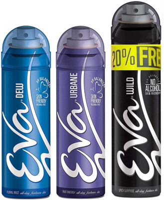 

EVA WILD 125ml+25ml + DEW 125ml + URBANE 125ml, No Alcohal, Skin Friendly Pack Of 3 Deodorant Spray - For Women(400 ml, Pack of 3)
