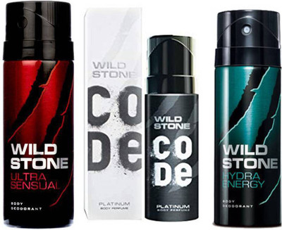

Wild Stone ULTRA SENSUAL DEODORANT 150 ML+ CODE PLATINUM DEODORANT 120 ML+ HYDRA ENERGY DEODORANT 150 ML Deodorant Spray - For Men(150 ml, Pack of 3)