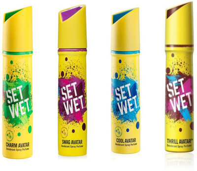 

Set Wet Charm Avatar, Swag Avatar, Cool Avatar, Thrill Avatar, Deodorant Spray Perfume. Deodorant Spray - For Men & Women(150 ml, Pack of 4)