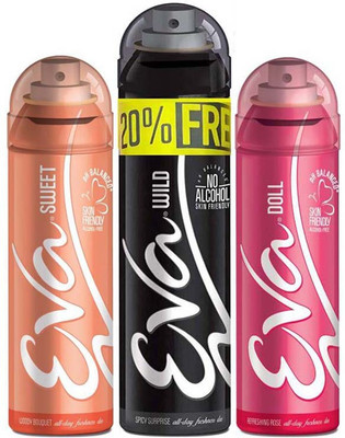 

EVA 20% FREE With WILD 125ml+25ml + DOLL 125ml + SWEET 125ml, No Alcohal, Skin Friendly Pack Of 3 Deodorant Spray - For Women(400 ml, Pack of 3)