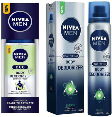 

Nivea MEN DUO SUMMER FRESH BODY DEODORIZER 100 ML+MEN ENERGY BODY DEODORIZER 120 ML Deodorant Spray - For Men & Women(120 ml, Pack of 2)
