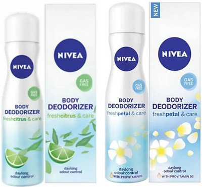 

Nivea BODY DEODORIZER freshPetel & care. BODY DEODORIZER freshCitrus & care. 120ml+120ml (pack of 2) Deodorant Spray - For Women(240 ml, Pack of 2)