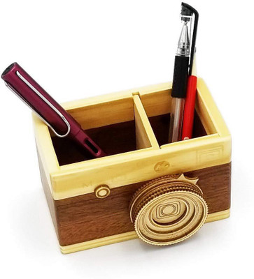 

MK 2 Compartments Wooden Camera Wooden Pencil Desktop Stationary Makeup Organizer Holder Big(Wooden)